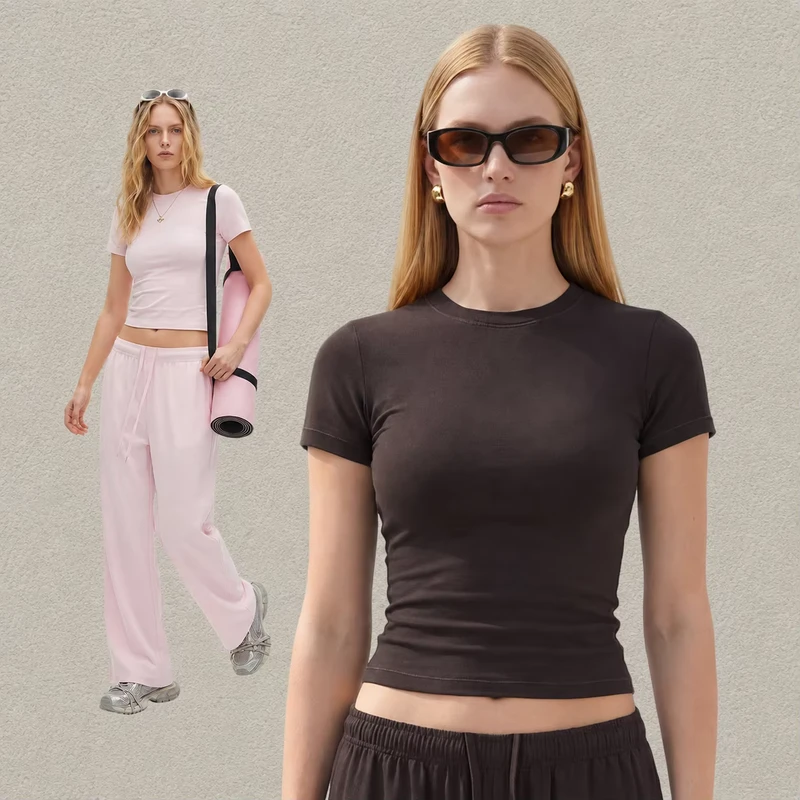 CHINEE-Custom-Log-Blank-Women-Solid-Cropped-T-Shirts-Crew-Neck-Short-Sleeve-Casual-Basic-Fitted-Stretchy-Slim-Fit-Crop-Tops