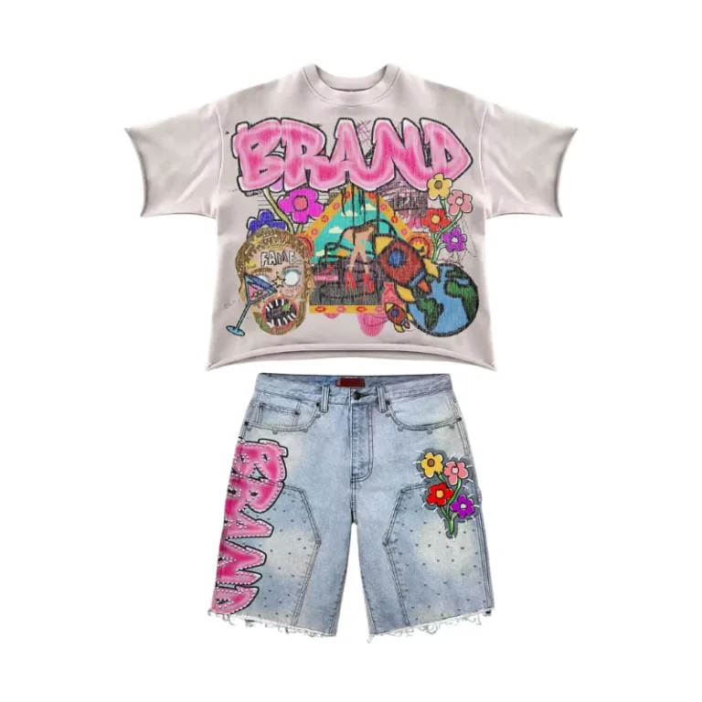 CHINEE-Custom-Logo-DTG-Printed-Breathable-Summer-Streetwear-Designer-Cotton-Crop-Top-T-Shirt-Shorts-Set-Jeans-Denim-Pants-Men-High