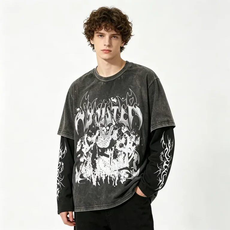 CHINEE-Custom-Logo-Printed-Washed-Two-Piece-Graphic-T-Shirt-100-Cotton-Oversize-Thermal-Long-Sleeve-Streetwear-Shirt