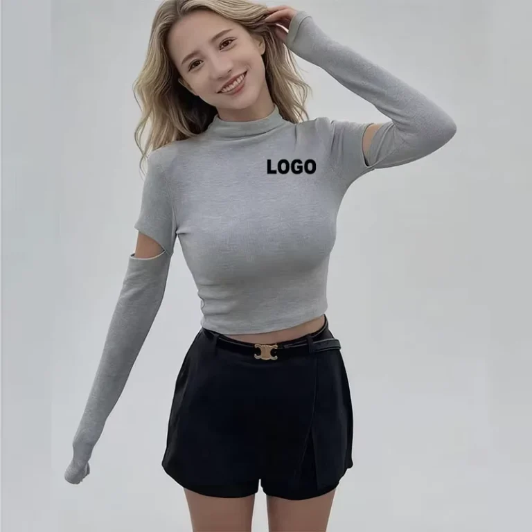 CHINEE-Custom-Logo-Spring-Summer-new-short-crop-slim-top-Solid-color-long-sleeve-solid-color-100-pure-cotton-womens-T-shirt