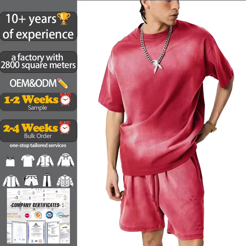 CHINEE-Custom-Logo-Vintage-Washed-Distressed-Oversized-Unisex-Heavyweight-Summer-T-Shirt-Shorts-Set-Streetwear
