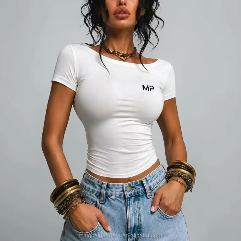 CHINEE-Custom-Logo-Women-White-Slim-Fit-T-Shirt-Off-Shoulder-Sleeve-Crop-Top-Stretchy-Soft-Basic-Tee-Summer-Tee