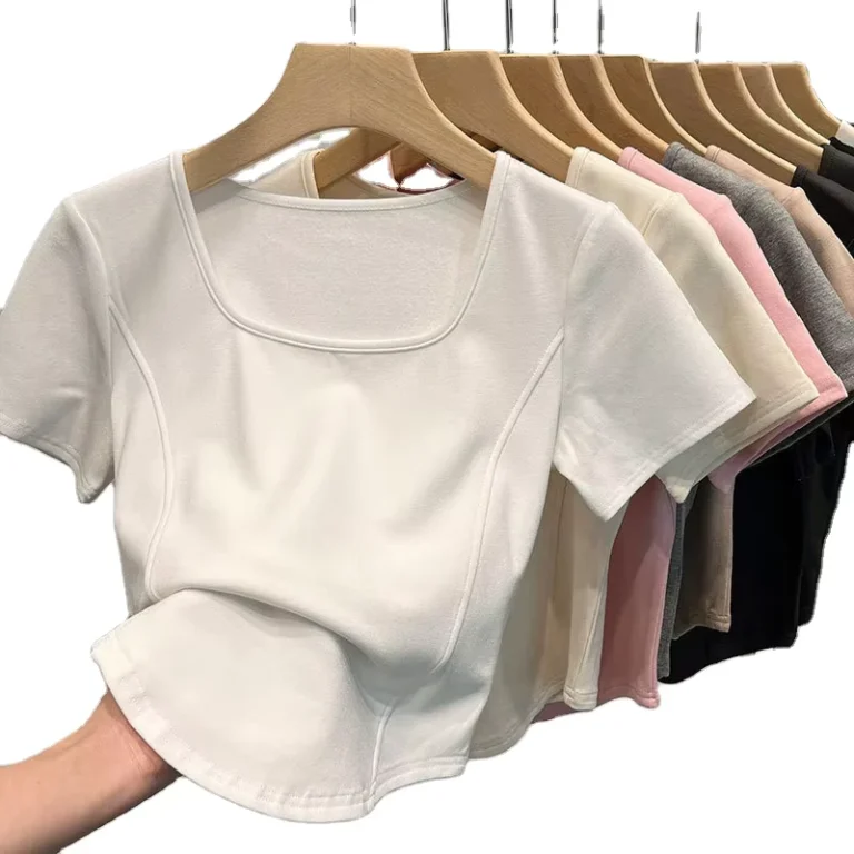 CHINEE-Custom-Logo-Womens-Cotton-Short-Sleeve-Crop-Top-High-Street-Sports-T-Shirt-Plaid-3D-Print-Appliques-Diamonds-Button-Zipper-Hole