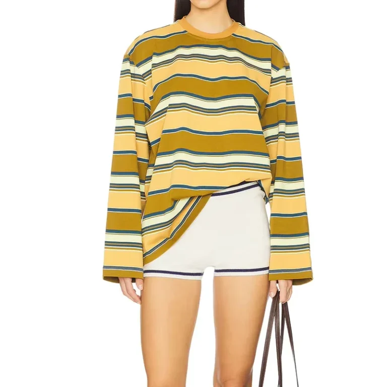 CHINEE-Custom-Logo-Womens-High-Quality-100-Cotton-Drop-Shoulder-T-shirts-Summer-Casual-Jersey-with-Long-Sleeves-Stripe-Design-Size-XS