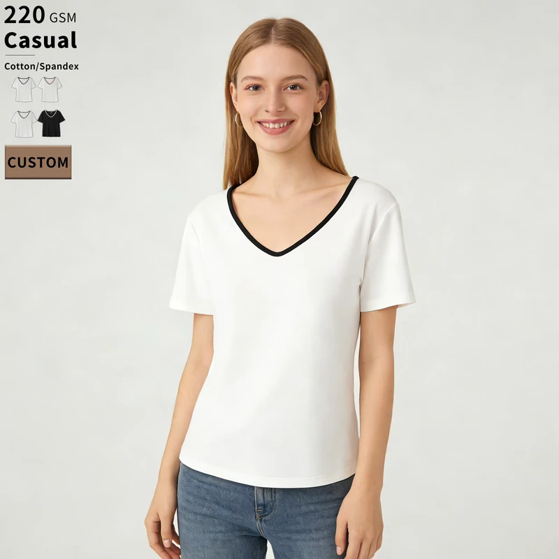 CHINEE-Custom-Logo-Womens-Slim-Fit-V-Neck-Crop-Tops-High-Quality-Casual-Short-Sleeve-T-Shirts-Bulk-Factory-Direct