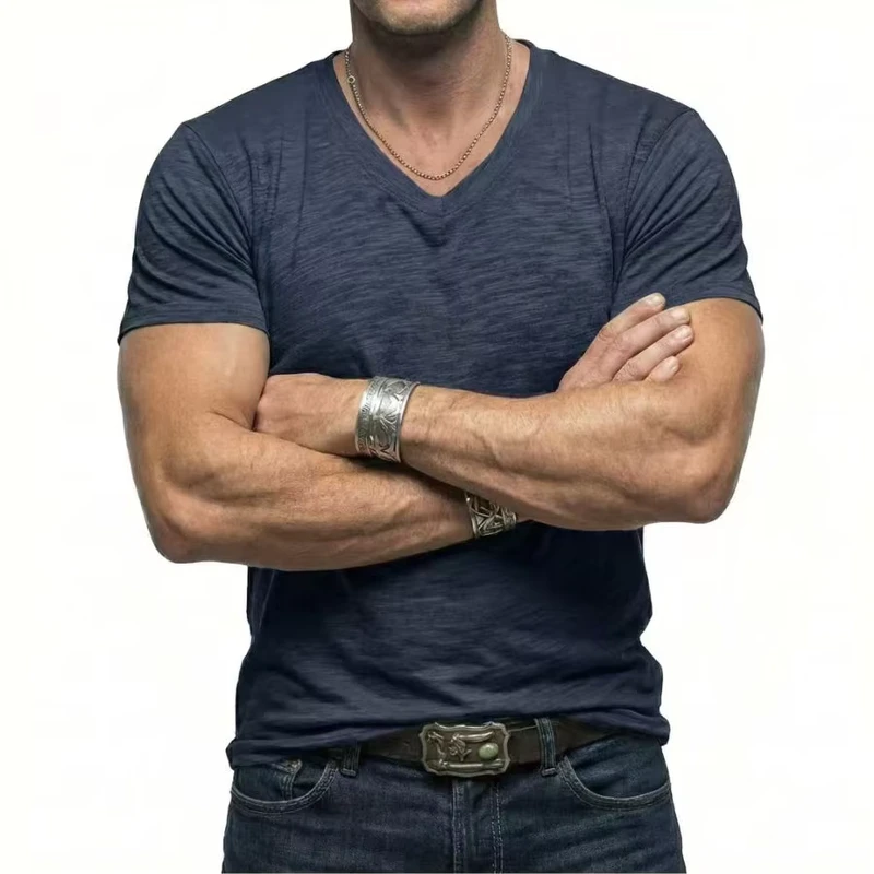 CHINEE-Custom-Men-Slub-Cotton-V-Neck-T-Shirt-Vintage-Heather-Texture-Slim-Fit-Muscle-Tee-Short-Sleeve-Breathable-Casual-Summer-Top