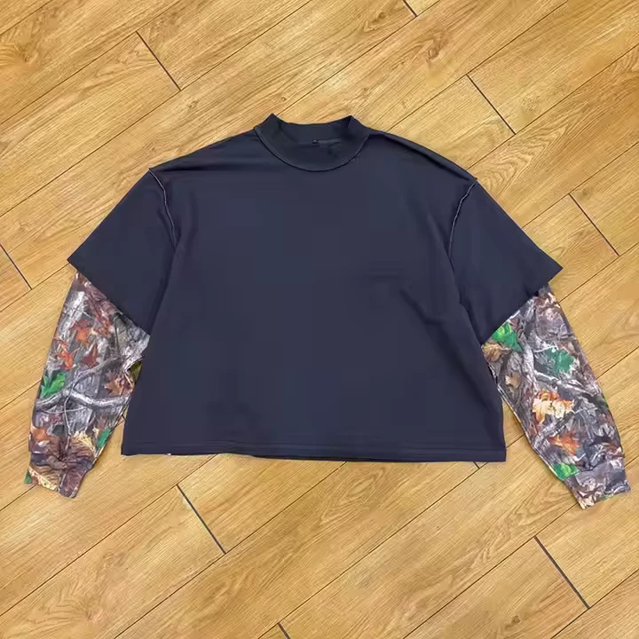 CHINEE-Custom-Mens-Double-Layer-Long-Waffle-Sleeve-T-Shirt-Oversize-Cotton-Ripped-100-Knitted-Short-Real-Tree-Screen-Print-Design