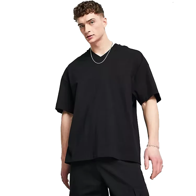CHINEE-Custom-Printing-100-Cotton-Jersey-Baggy-T-Shirt-Plain-Mens-V-neck-Oversize-Black-Tshirt