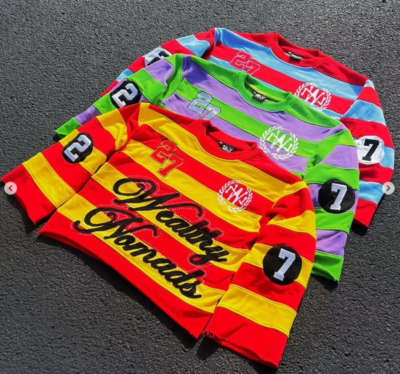 CHINEE-Custom-Rugby-Top-Embroidery-Logo-Rhinestone-Patchwork-French-Terry-Tshirt-Stripe-Cropped-Long-Sleeve-t-Shirt