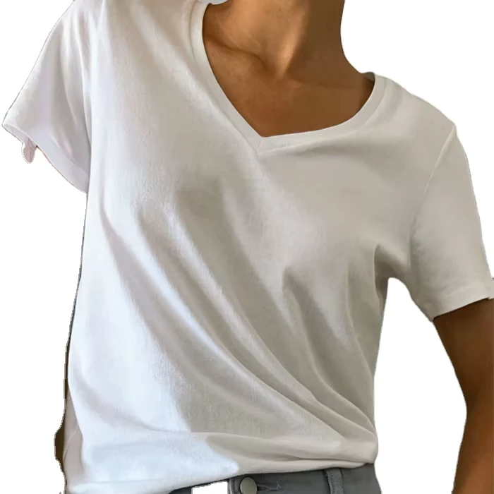 CHINEE-Custom-Screen-Print-Logo-for-Women-Lightweight-V-Neck-T-Shirt-Organic-Cotton-T-Shirt