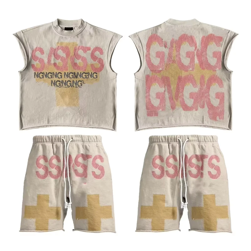 CHINEE-Custom-Sleeveless-T-Shirt-Shorts-Set-Unisex-Vintage-Washed-Graphic-Print-Raw-Edge-Streetwear-Summer-Outfit-Low-MOQ-OEM-ODM