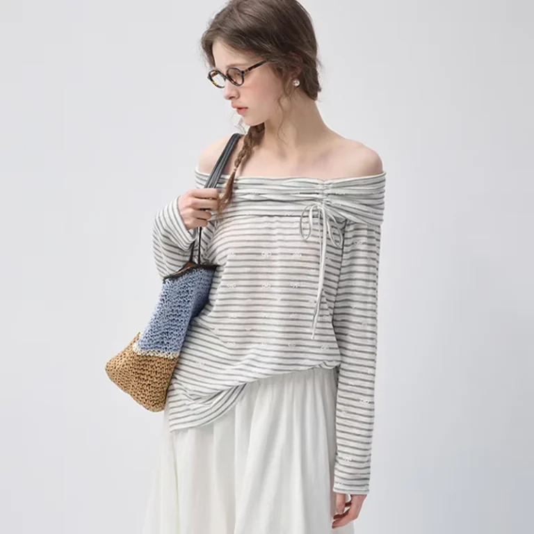 CHINEE-Custom-Striped-Off-Shoulder-Womens-Long-Sleeve-T-Shirt-with-Drawstring-Ruched-Neckline-and-Sheer-Lightweight-Fabric