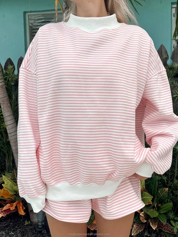 CHINEE-Custom-Summer-Fashion-Oversized-Women-Long-Sleeves-Mockneck-Sweatshirt-Striped-Two-Piece-Set-Striped-Mock-Neck-Sweatshirt-Set