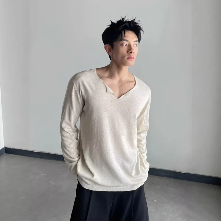CHINEE-Custom-V-neck-Long-sleeve-T-shirt-Men-New-Spring-Autumn-Mature-Simple-Solid-Color-Breathable-Knit-Loose-Fit-Casual-Blank