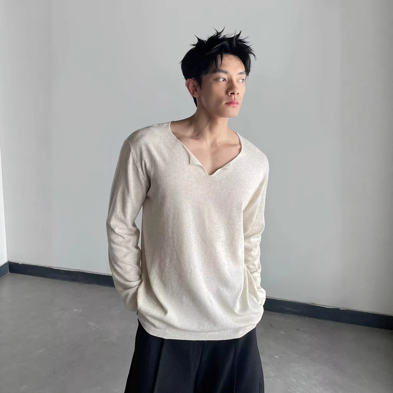 CHINEE-Custom-V-neck-Long-sleeve-T-shirt-Men-New-Spring-Autumn-Mature-Simple-Solid-Color-Breathable-Knit-Loose-Fit-Casual-Blank