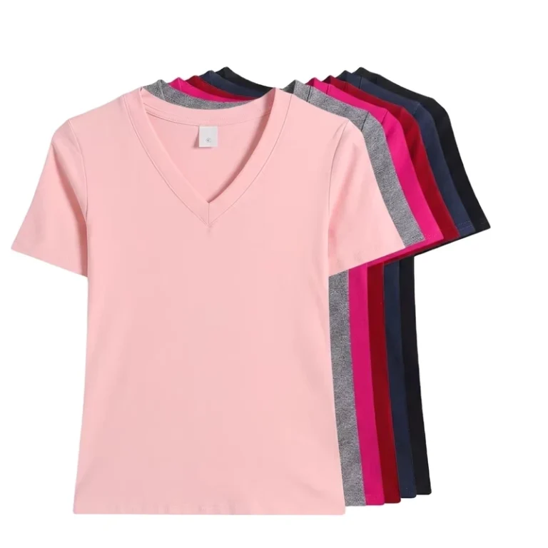 CHINEE-Custom-Women-Summer-V-neck-Short-Sleeve-T-shirt-Fashion-Lady-Tops-Knitwear-Solid-Color-Casual-T-shirt