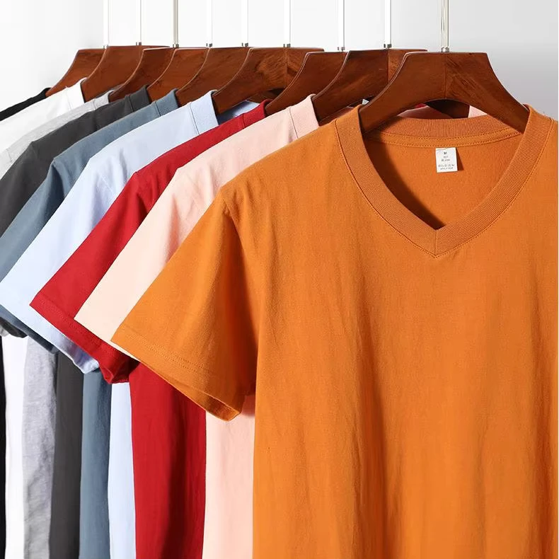 CHINEE-Custom-logo-Plain-Dyed-100-Cotton-v-Neck-t-Shirts