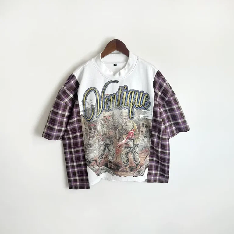 CHINEE-Drop-Shoulder-T-shirts-Short-Sleeve-t-shirt-Dtg-Custom-Boxy-Cropped-High-Collar-Patchwork-T-Shirt