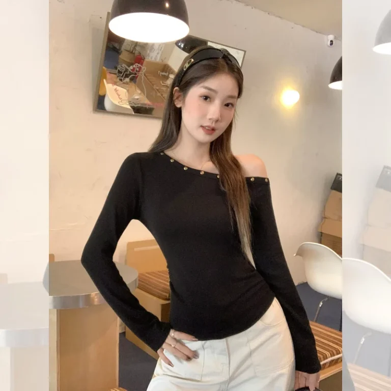 CHINEE-Early-Autumn-New-Style-Beautiful-Design-Sense-Oblique-Shoulder-Pleated-Waist-Unique-Long-sleeved-Casual-Womens-T-shirt
