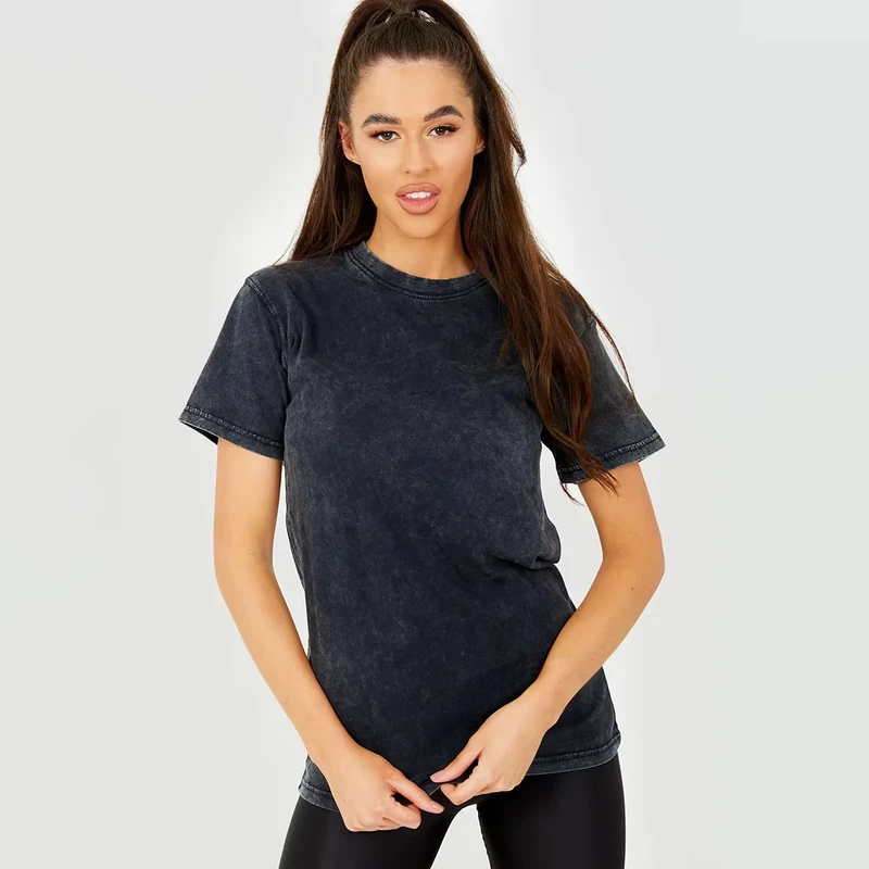 CHINEE-Elegant-Black-Acid-Wash-Canvas-T-Shirt-Women-Luxe-Casual-Chic-Slim-Fit-Compressed-Breathable-100-Cotton-Customized-Color-Logo