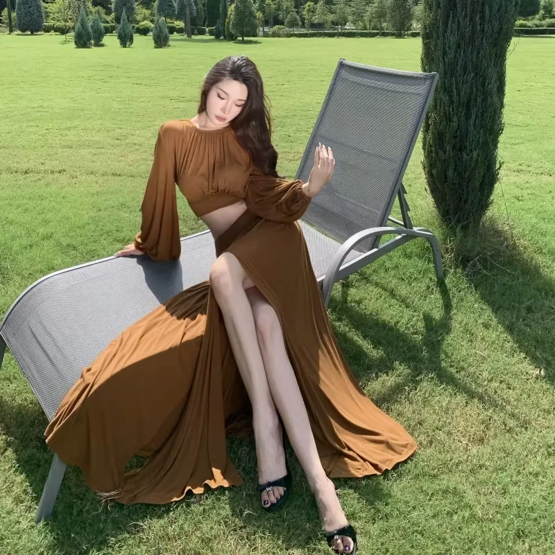 CHINEE-Elegant-Loose-fitting-Long-sleeve-Solid-T-shirt-Top-for-Women-Autumn-Backless-High-waisted-Split-Skirt-Two-piece-Set