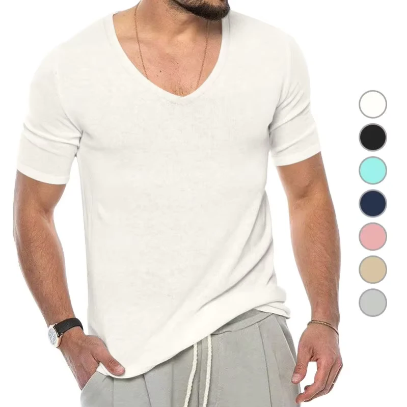 CHINEE-Europe-and-America-Mens-Sporty-V-Neck-T-Shirts-Basic-100-Cotton-Breathable-Solid-Color-Short-Sleeved-Knitted