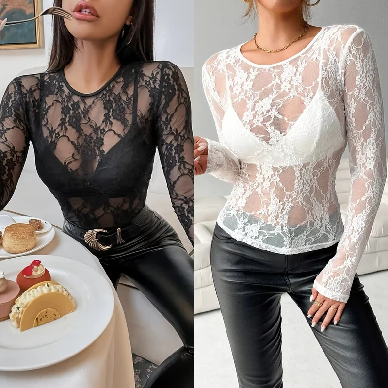 CHINEE-European-American-Cross-border-New-Elegant-Single-layer-Lace-Braless-Slim-fit-Round-neck-Long-sleeve-Summer-T-shirt-Top