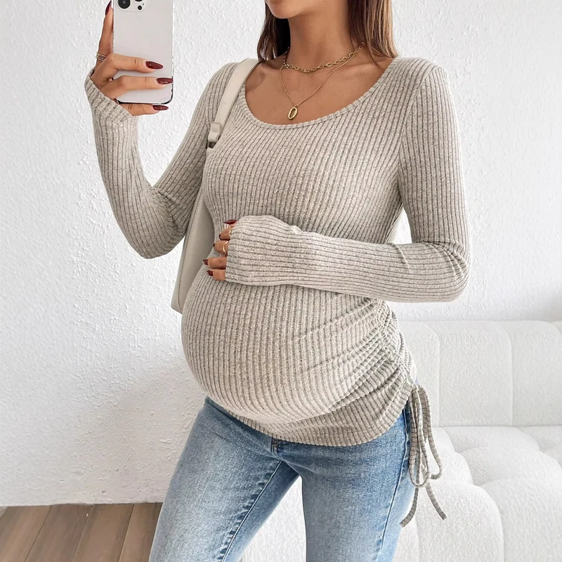 CHINEE-European-American-Maternity-Wear-Cross-Border-Pleated-Slim-Fit-Knit-Top-Casual-Crew-Neck-Long-Sleeve-Base-Shirt-T-Shirt