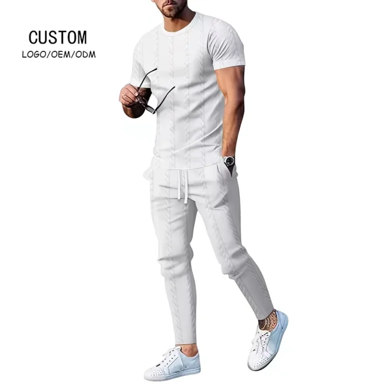 CHINEE-European-American-Mens-Solid-Color-Waffle-Pullover-Crew-Neck-Short-Sleeve-t-Shirts-Long-Pants-Casual-Two-Pieces-Sets