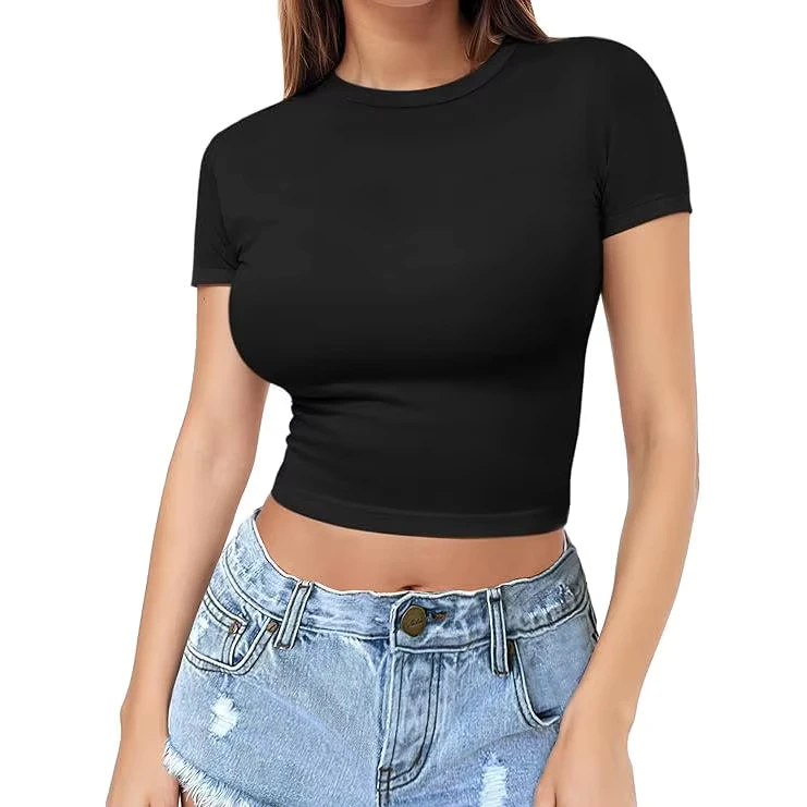 CHINEE-Factory-Custom-Womens-Cute-Print-Beading-Slim-Fit-Cropped-T-shirt-Summer-Pullover-Top-Thin-Round-Neck-Fashion-Crop-Top