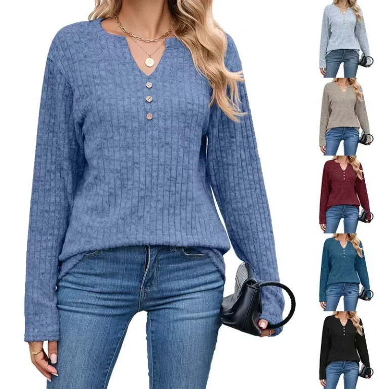 CHINEE-Factory-Direct-Sales-of-New-Autumn-Winter-Breathable-Casual-V-neck-Buttoned-Regular-Fit-Long-sleeve-Polyester-T-shirts-for-Women