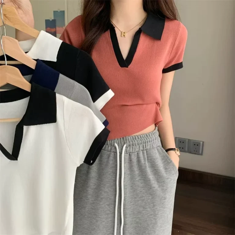 CHINEE-Factory-Summer-Womens-T-shirt-Knitted-Short-Sleeve-Top-V-Neck-T-Shirt-for-Girls