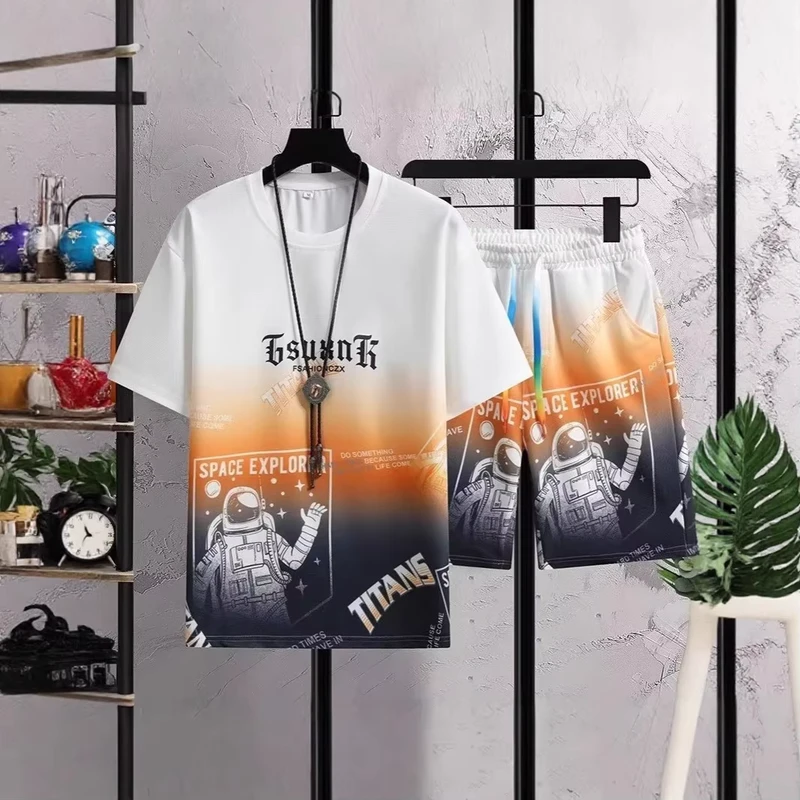 CHINEE-Factory-sell-Youth-Sports-Fashion-Versatile-T-Shirt-Shorts-Two-Piece-Set-Summer-New-Mens-Gradient-Casual-Suit