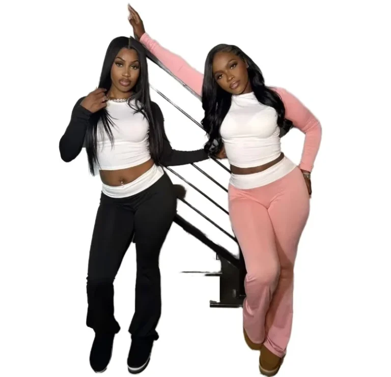 CHINEE-Fall-2-Piece-Fitted-Activewear-Color-Block-Long-Sleeve-T-Shirts-Fold-Over-Yoga-Pants-Women-Casual-Tracksuit