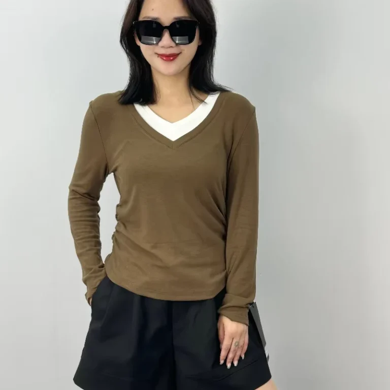 CHINEE-Fashion-Casual-Color-Blocking-Piece-Top-Women-Side-Pinch-Pleat-Slim-V-Neck-Pullover-Long-Sleeve-T-Shirt