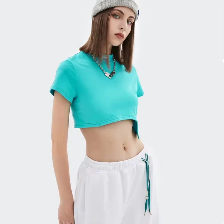 CHINEE-Fashion-Design-High-Street-Custom-Embroidered-Neck-Cropped-Tops-Plain-Blank-Uneven-Hem-T-Shirts-for-Girls