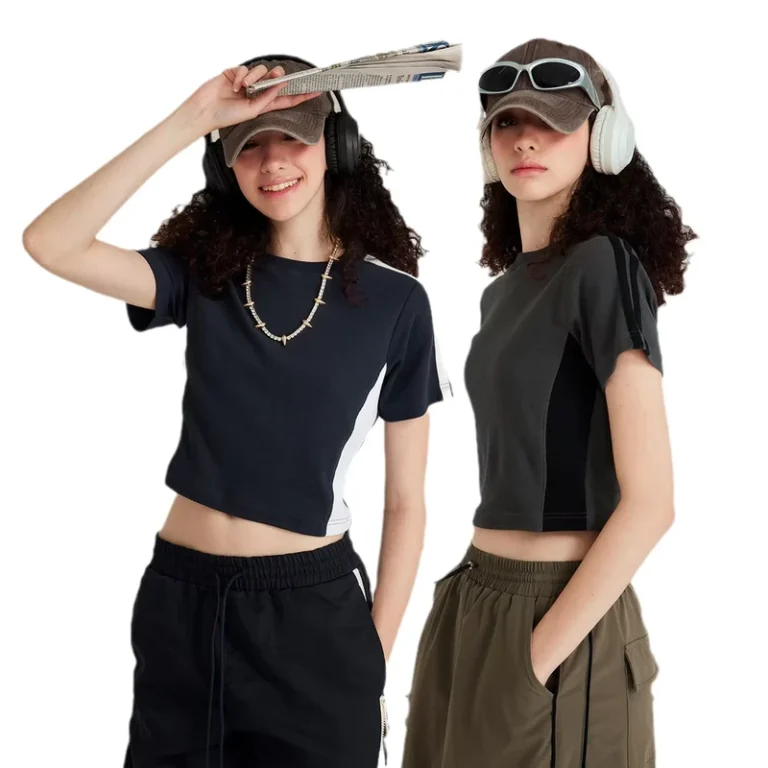 CHINEE-Fashion-Design-Women-Blank-Two-Tone-Custom-Cut-and-Sew-Patchwork-Waffle-Cropped-T-Shirts-with-Side-Stripes