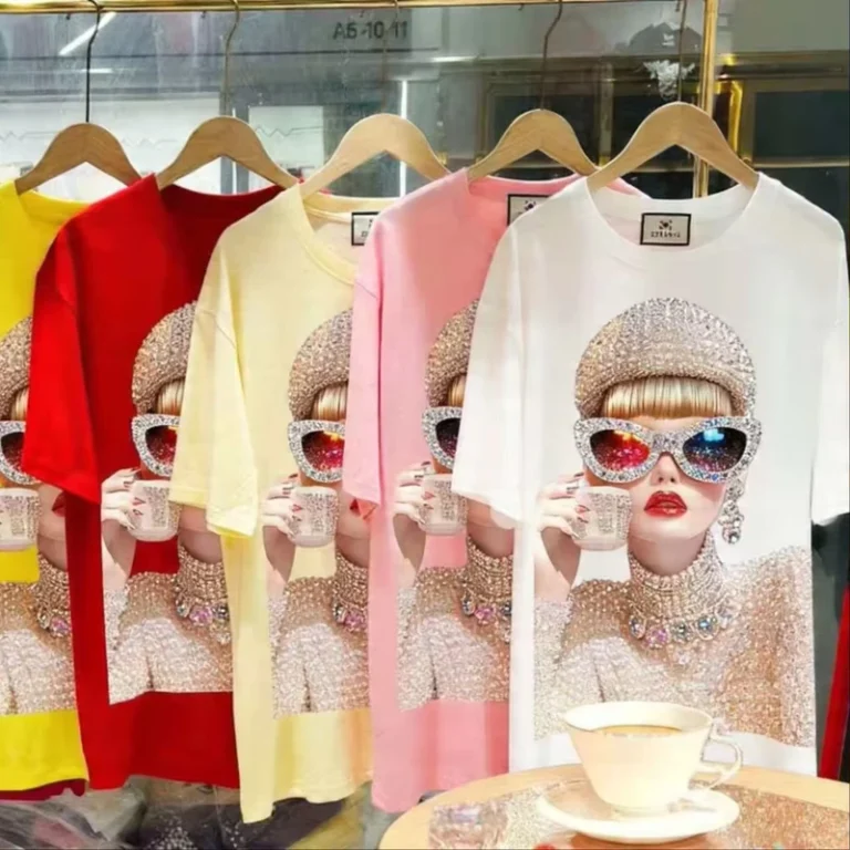 CHINEE-Fashion-Short-sleeved-Womens-T-shirt-Flower-Cartoon-Rhinestone-Loose-Style-Large-Size-Short-sleeved-Shirt-Blouse