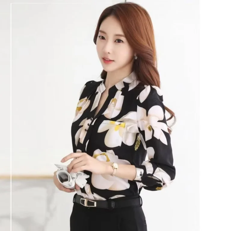 CHINEE-Fashion-V-Neck-Chiffon-Blouses-Slim-Women-Button-Decor-Office-Lady-Work-Long-Sleeve-Floral-Shirts-Womens-T-Shirt
