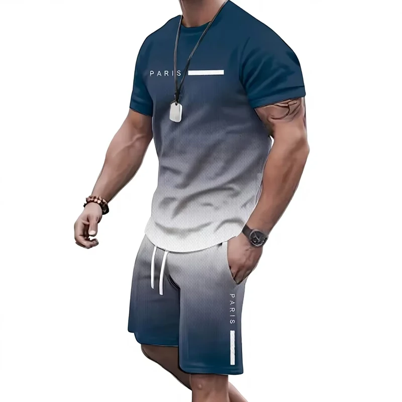 CHINEE-Fashionable-Gradient-Color-Mens-Casual-Sportswear-Set-Crew-Neck-Short-sleeved-T-shirt-Drawstring-Shorts-2-piece-Summer