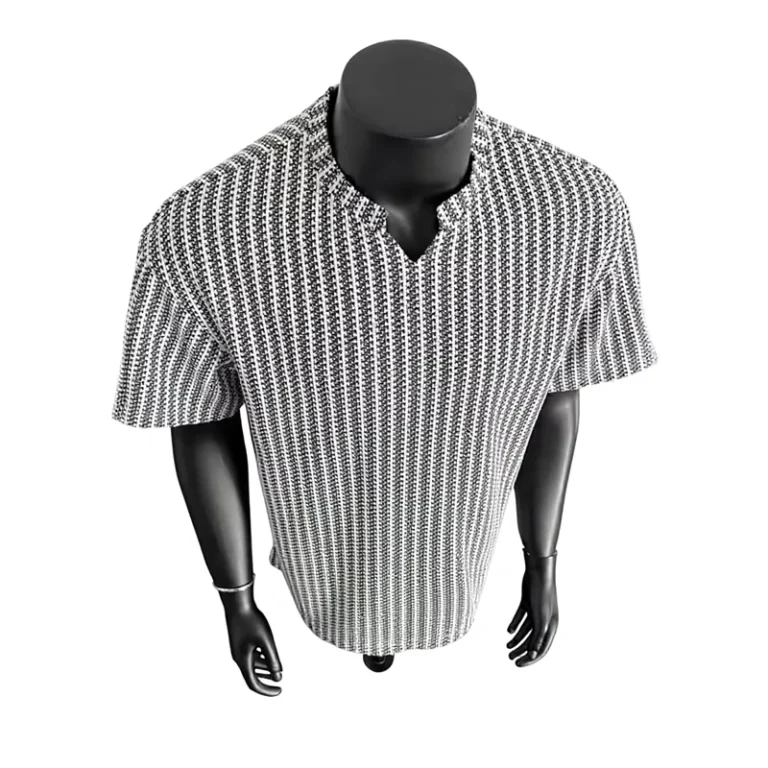 CHINEE-Foreign-Trade-Best-Selling-Fishbone-Pattern-V-Neck-Short-Sleeve-Polyester-Wrinkle-Free-Loose-Casual-Mens-Summer-T-Shirt