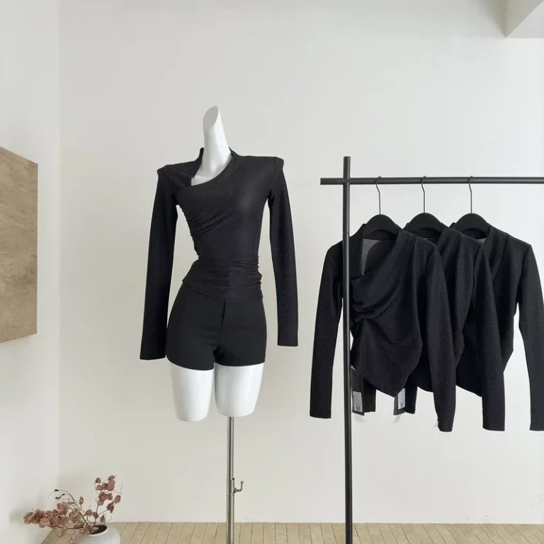 CHINEE-French-style-Asymmetric-Irregular-Design-T-shirt-for-Women-with-Cross-neck-and-Long-Sleeves-Black-Base-Shirt