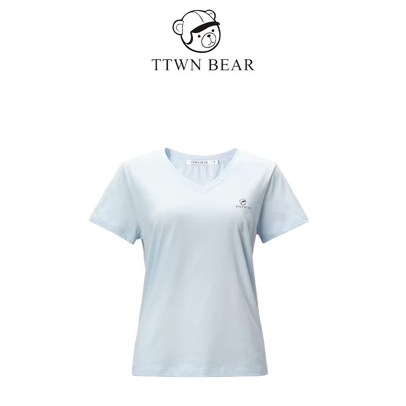 CHINEE-GUOOBEAR-Fashion-T-shirt-for-Women-Summer-New-Design-Regular-Fit-Casual-V-neck-Short-Sleeved-Logo-Print-Woven-Top