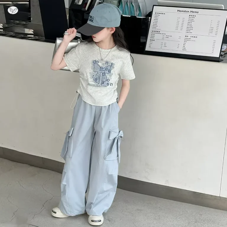 CHINEE-Girls-Summer-Cotton-Blend-Solid-Color-T-shirt-Overalls-Set-Older-Children-Drawstring-Bow-Short-sleeved-Wide-leg-Pants