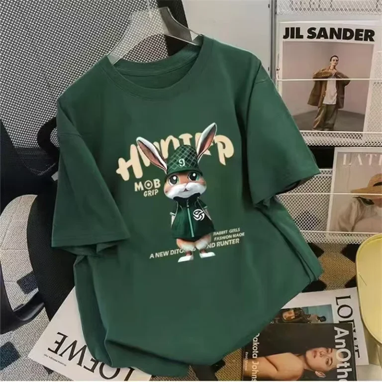 CHINEE-Green-100-Cotton-Crew-Neck-T-Shirt-Printed-Oversized-Logo-Womens-Anti-wrinkle-Loose-for-Casual-Spring-T-Shirt