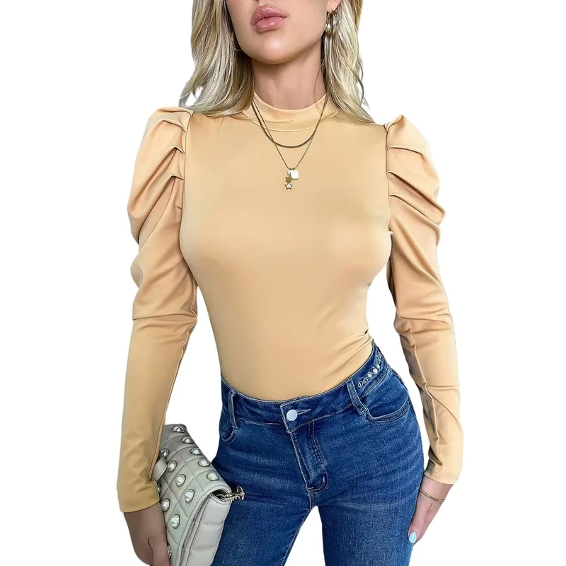 CHINEE-Half-Turtleneck-Bottom-Top-Solid-Color-Bubble-Sleeve-Long-Sleeve-T-shirt-Woman