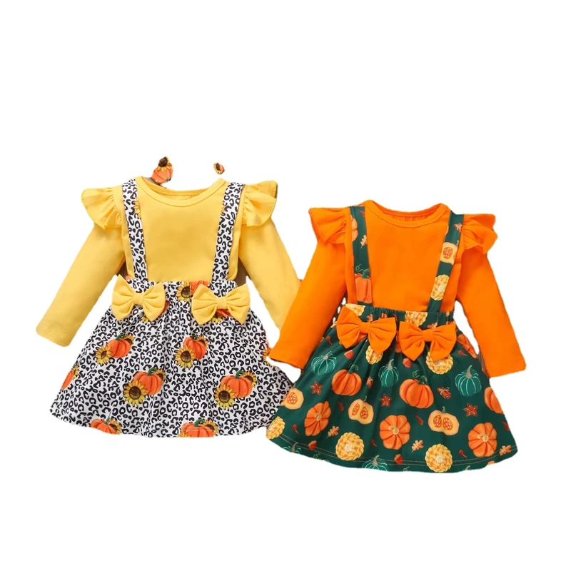 CHINEE-Halloween-Girls-European-American-Autumn-Long-Sleeve-T-Shirt-Pumpkin-Print-Suspender-Skirt-Headband-Three-Piece-Set