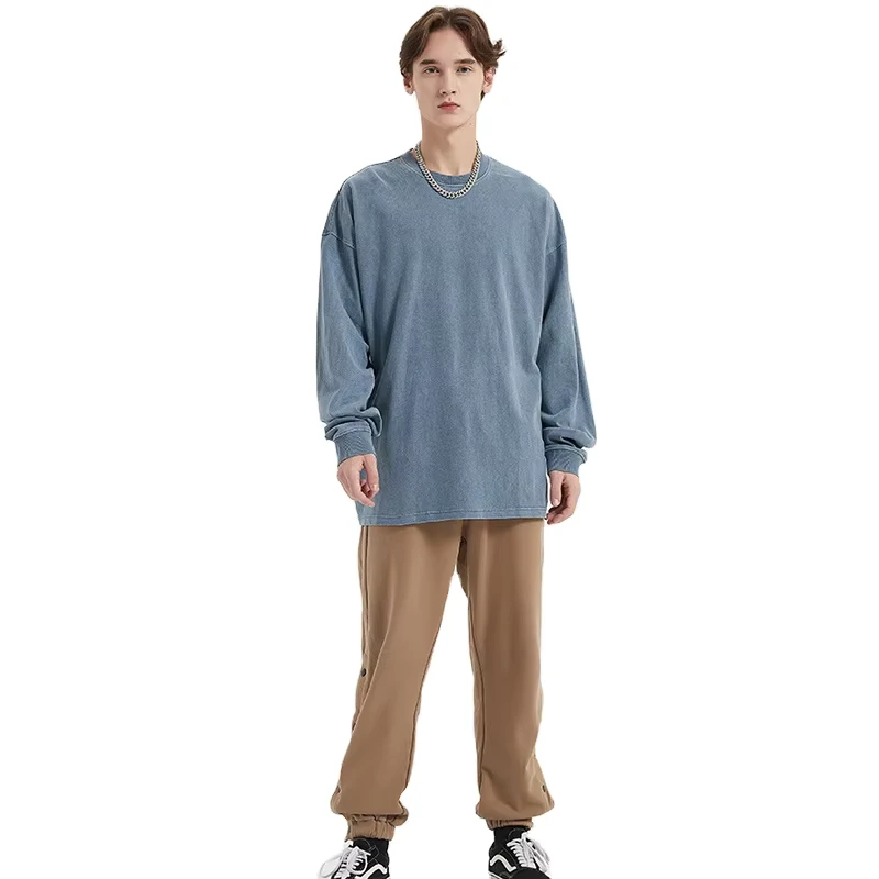 CHINEE-Heavyweight-Vintage-Distressed-Mens-100-Cotton-Long-sleeved-T-shirt-Loose-Fit-Washed-Street-Style-Mens-Crew-Neck-Pullover-Top