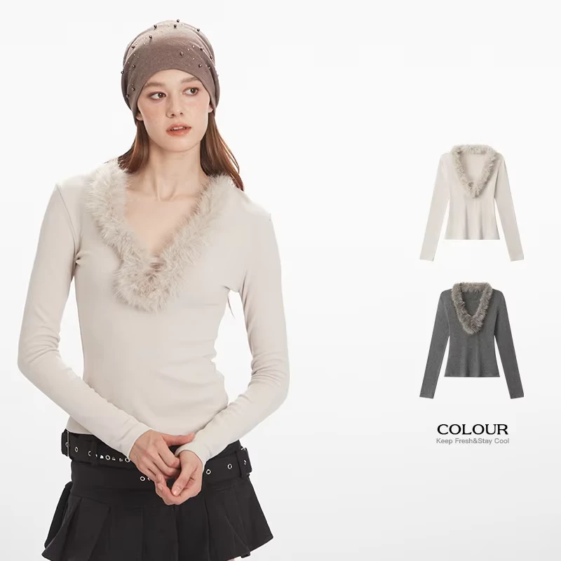 CHINEE-HeyHenry-High-end-V-neck-Autumn-and-Winter-New-Tight-Long-sleeved-T-shirt-Womens-Furry-Collar-Slim-fit-Short-Inner-Top