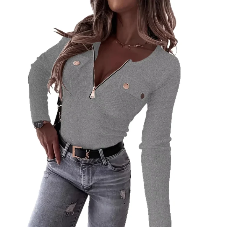 CHINEE-Hgh-quality-Custom-New-Threaded-Knitted-Slim-V-neck-Long-Sleeve-Pullover-Metal-Zipper-Top-T-shirt-Women-Polyester